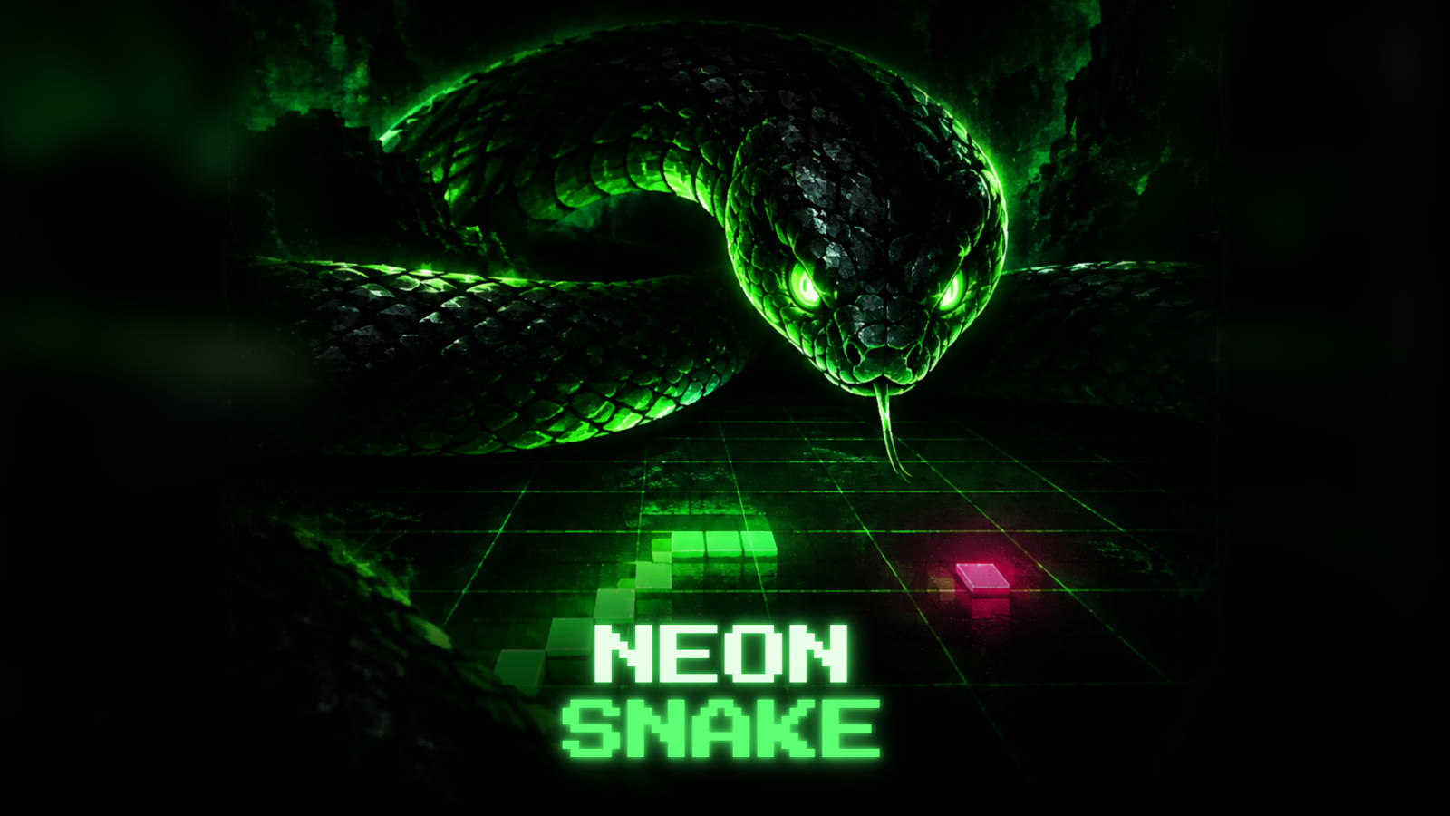 Cobra de escamas pretas com brilho verde sobre uma grade de neon